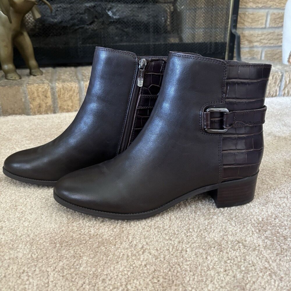 Easy Spirit Sahara Brown Leather Ankle Boot Sz 9M Croc-Embossed